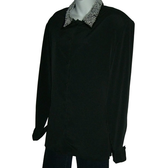 Vintage 80's Black Blouse Mob Wife egirl ALT Business Goth Pearl Collar Classic - Picture 3 of 11